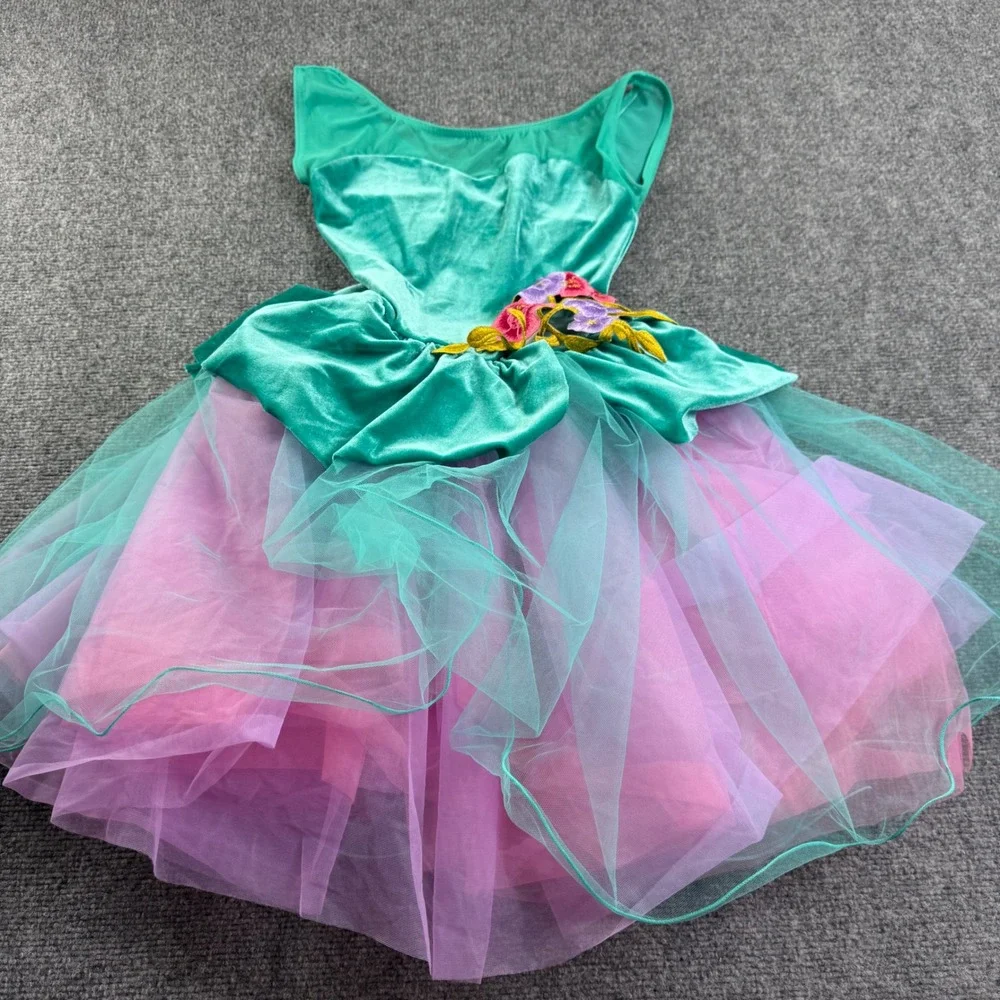 A Wish Come True Dance Costume LC Teal Velvet Floral Tulle Dress Girls Kids